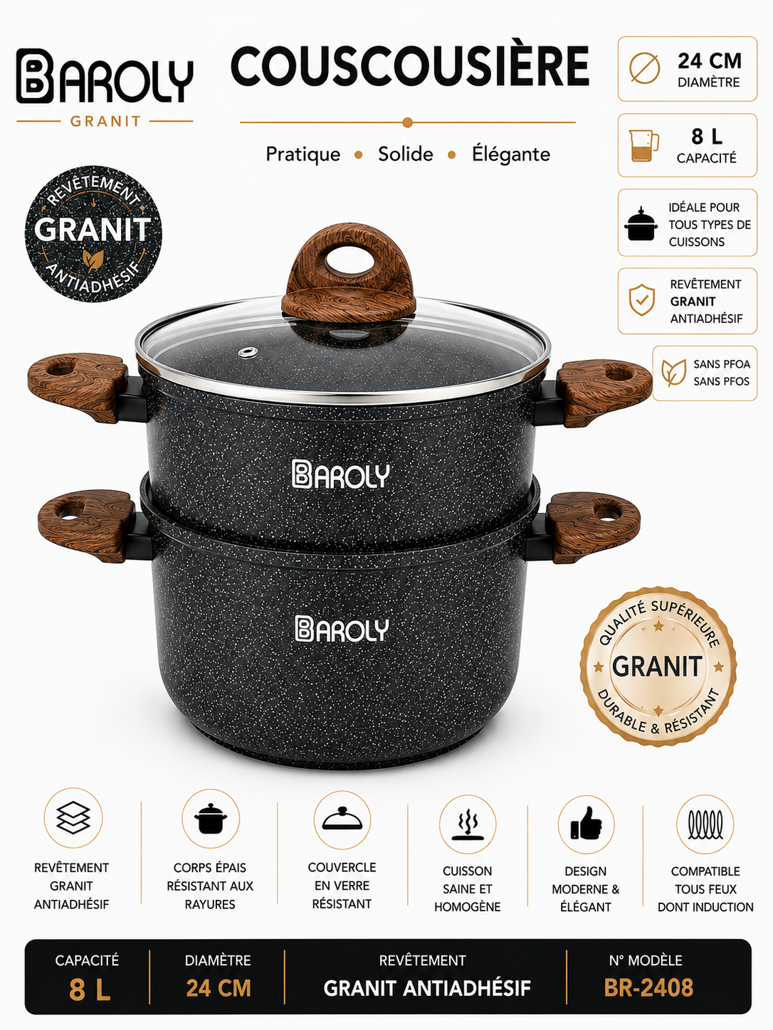 Couscoussière Granite Baroly – 8L, 24cm – Élégance et Performance en Cuisine