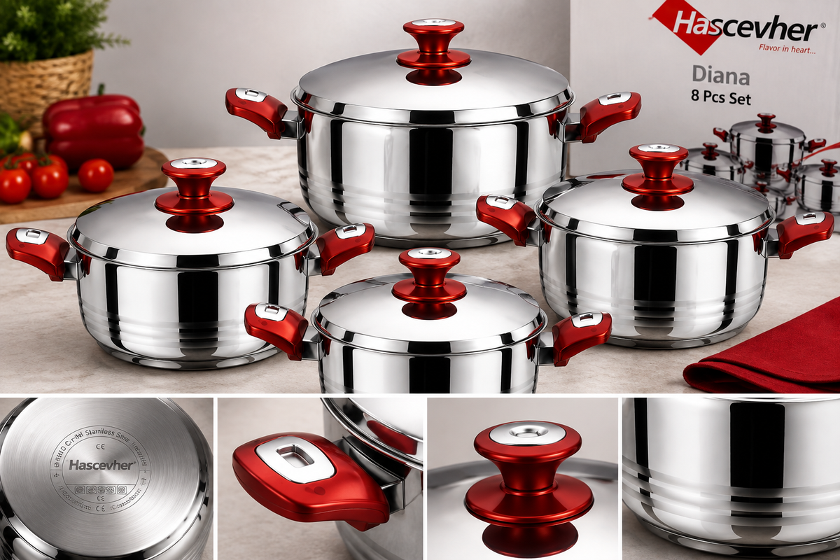 Set de Faitouts Hascevher Diana – 8 Pièces (Inox 18/10)