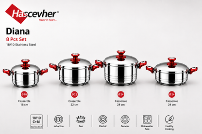 Set de Faitouts Hascevher Diana – 8 Pièces (Inox 18/10)