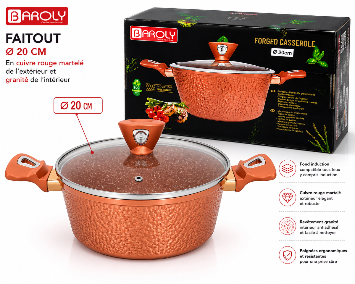 Faitout 20 cm - Baroly | Cuivre Rouge Martelé & Intérieur Granit