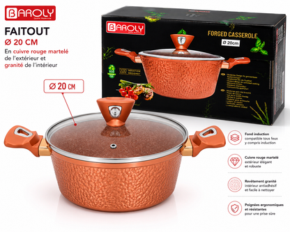 Faitout 20 cm - Baroly | Cuivre Rouge Martelé & Intérieur Granit