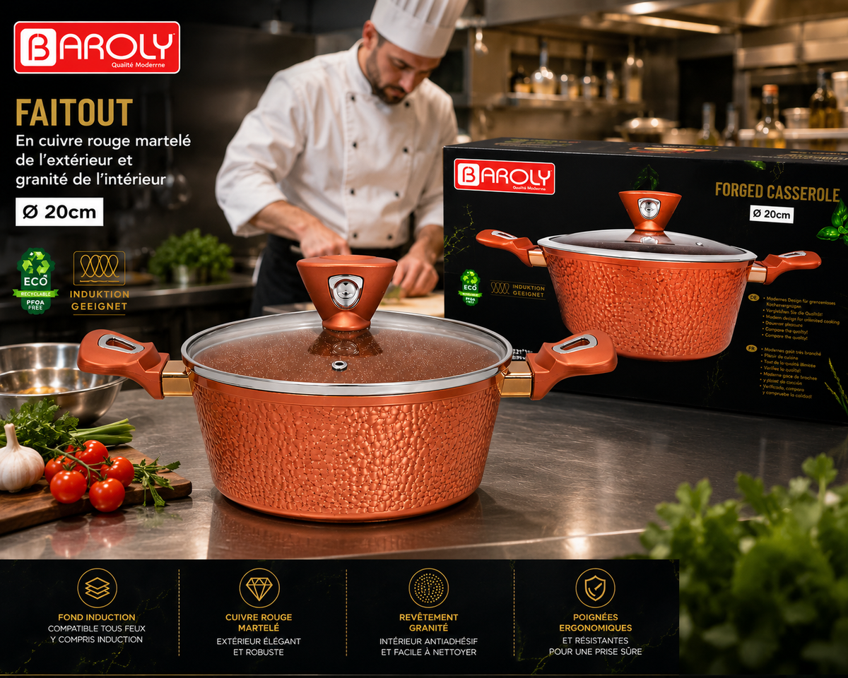 Faitout 20 cm - Baroly | Cuivre Rouge Martelé & Intérieur Granit