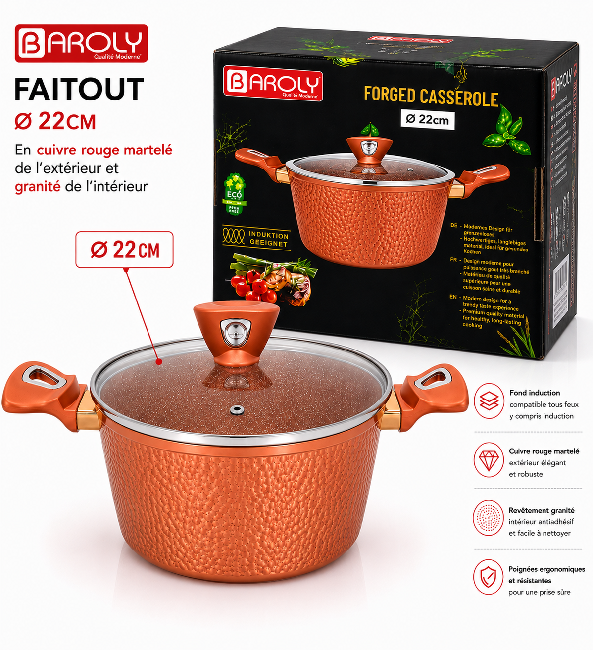 Faitout 22 cm - Baroly | Cuivre Rouge Martelé & Intérieur Granit