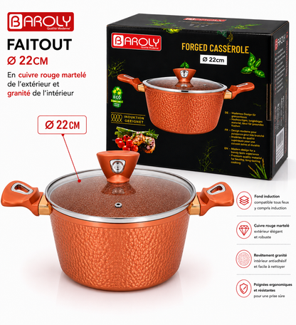 Faitout 22 cm - Baroly | Cuivre Rouge Martelé & Intérieur Granit