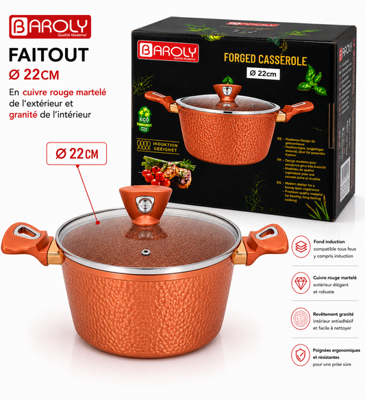 Faitout 22 cm - Baroly | Cuivre Rouge Martelé & Intérieur Granit