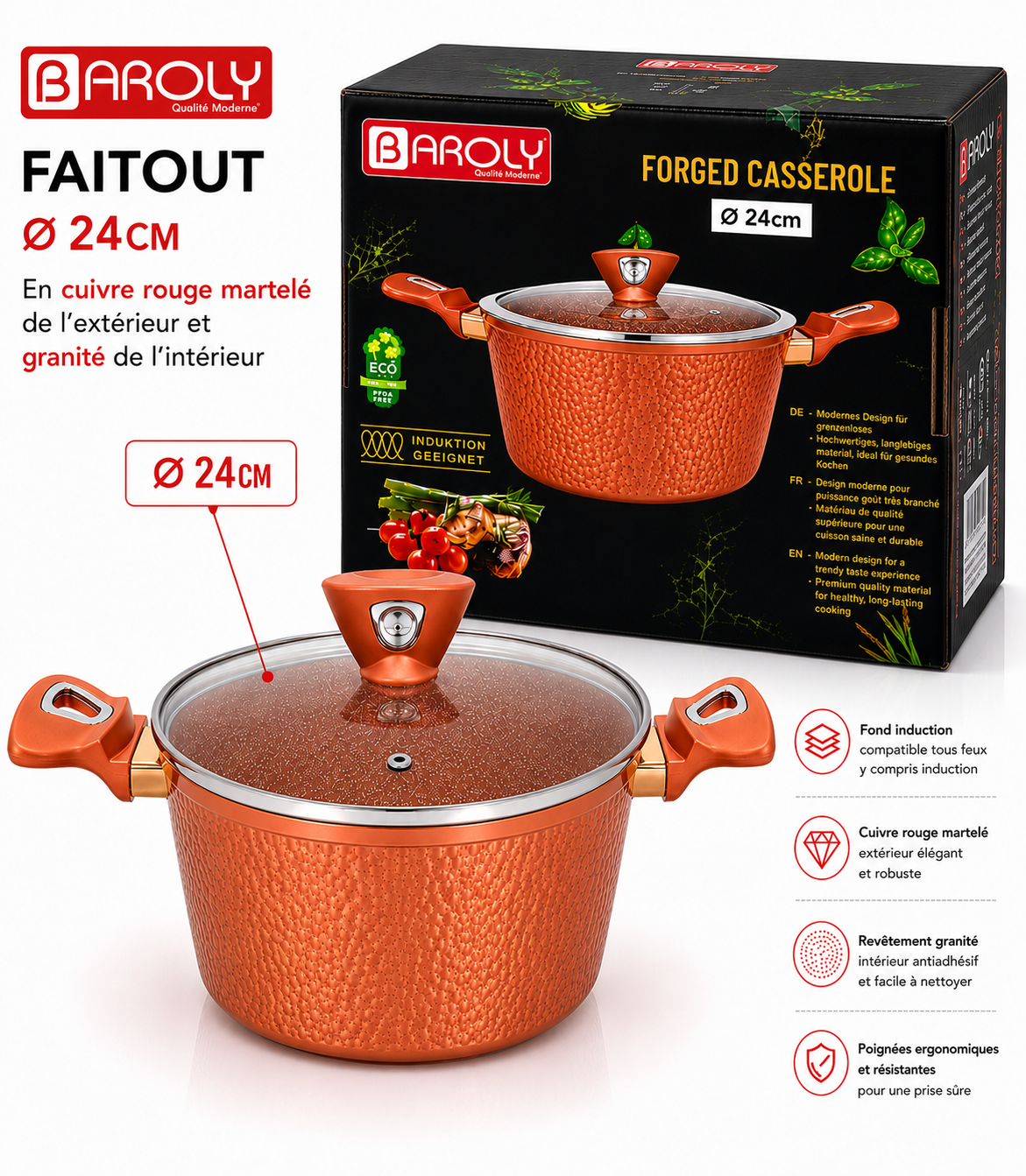 Faitout 24 cm - Baroly | Cuivre Rouge Martelé & Intérieur Granit