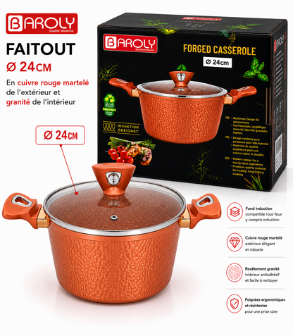 Faitout 24 cm - Baroly | Cuivre Rouge Martelé & Intérieur Granit