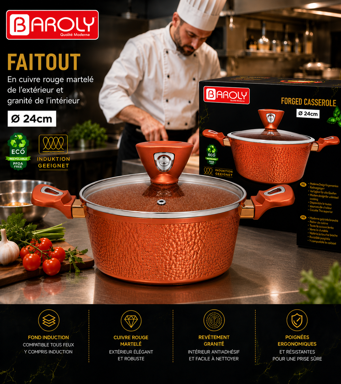 Faitout 24 cm - Baroly | Cuivre Rouge Martelé & Intérieur Granit