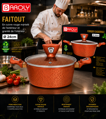 Faitout 24 cm - Baroly | Cuivre Rouge Martelé & Intérieur Granit