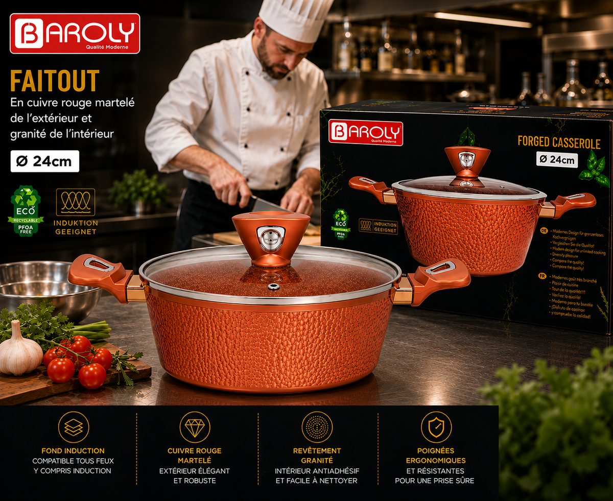 Faitout 24 cm - Baroly | Cuivre Rouge Martelé & Intérieur Granit
