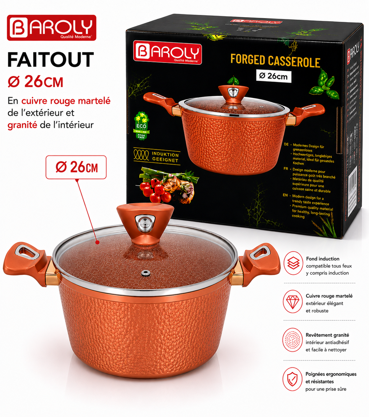 Faitout 26 cm - Baroly | Cuivre Rouge Martelé & Intérieur Granit