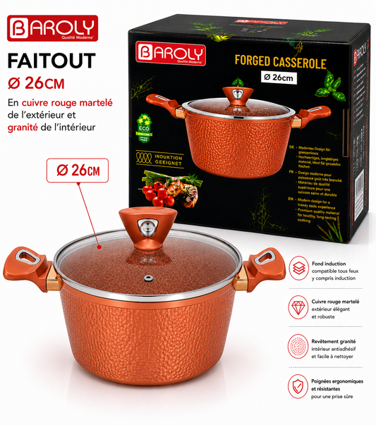 Faitout 26 cm - Baroly | Cuivre Rouge Martelé & Intérieur Granit
