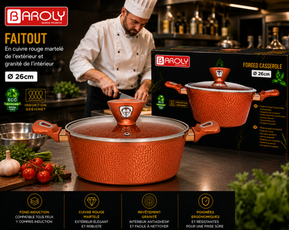 Faitout 26 cm - Baroly | Cuivre Rouge Martelé & Intérieur Granit