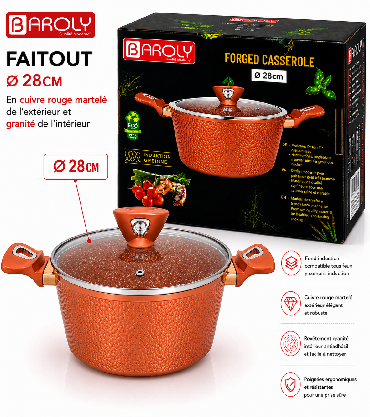 Faitout 28 cm - Baroly | Cuivre Rouge Martelé & Intérieur Granit
