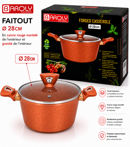 Faitout 28 cm - Baroly | Cuivre Rouge Martelé & Intérieur Granit
