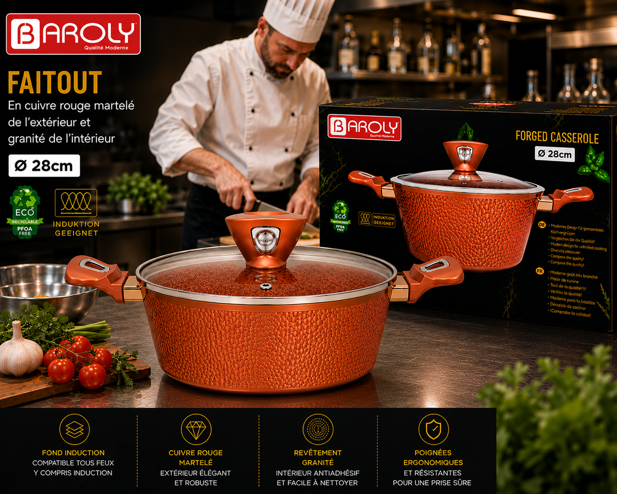 Faitout 28 cm - Baroly | Cuivre Rouge Martelé & Intérieur Granit