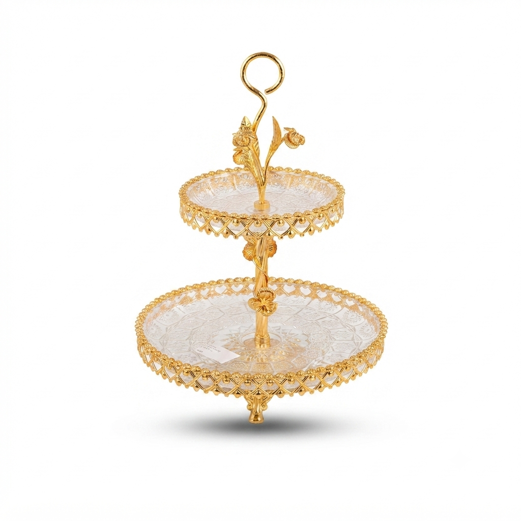 Présentoir à Gâteaux 2 Niveaux en Verre & Métal Doré – Design Floral Luxe