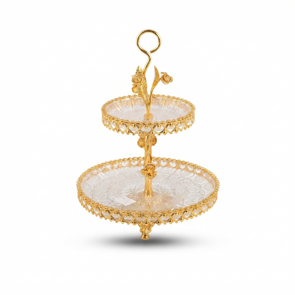 Présentoir à Gâteaux 2 Niveaux en Verre & Métal Doré – Design Floral Luxe