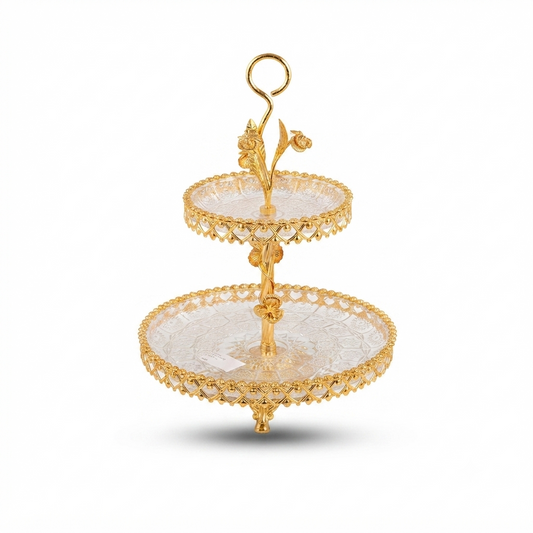 Présentoir à Gâteaux 2 Niveaux en Verre & Métal Doré – Design Floral Luxe
