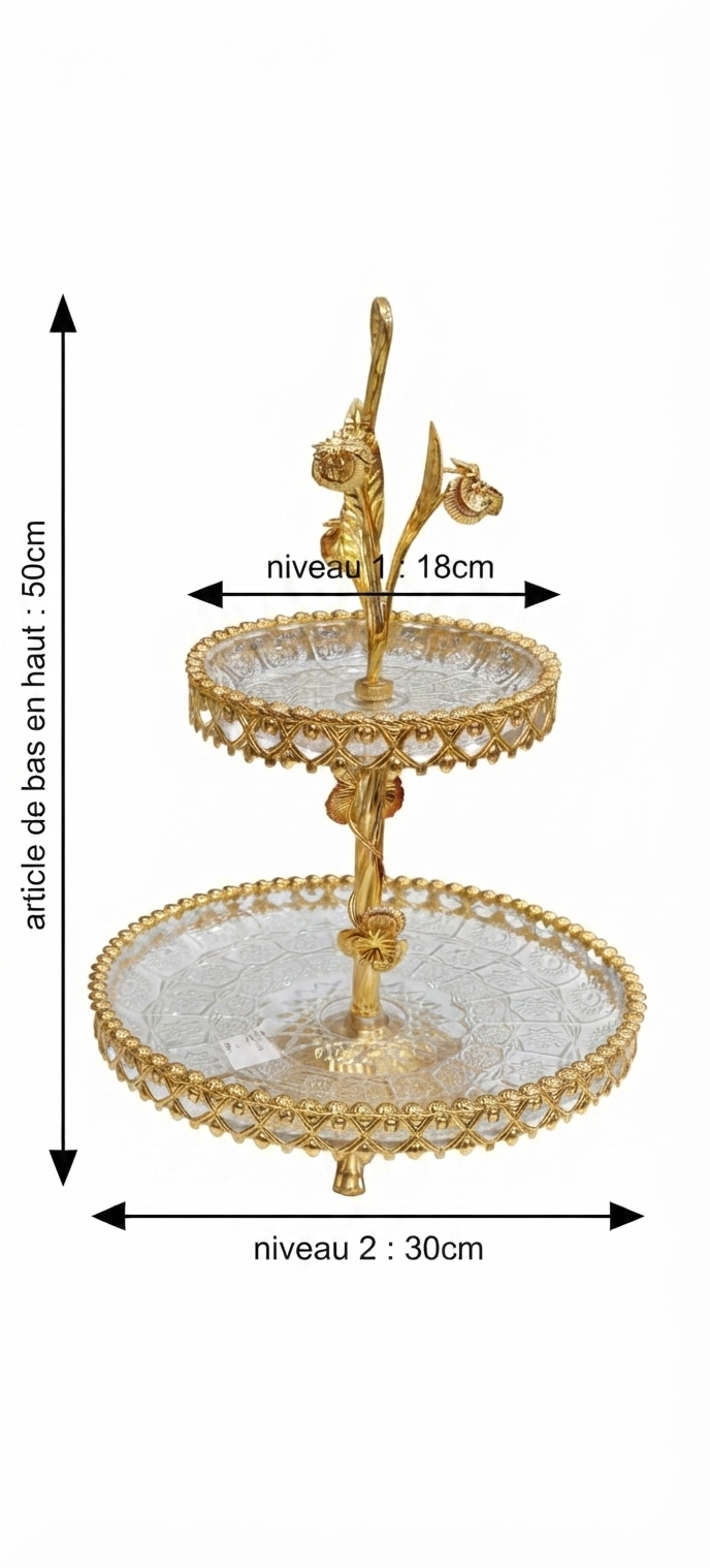 Présentoir à Gâteaux 2 Niveaux en Verre & Métal Doré – Design Floral Luxe