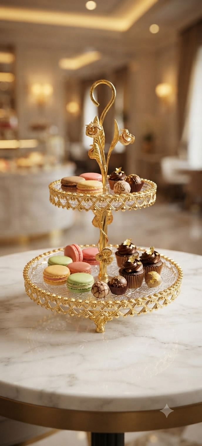 Présentoir à Gâteaux 2 Niveaux en Verre & Métal Doré – Design Floral Luxe