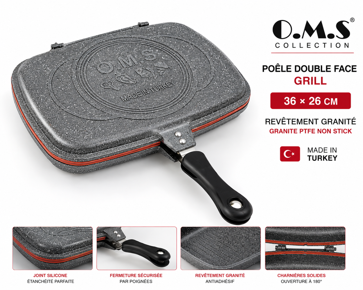 Poêle Double Face Grill O.M.S. – 36 x 26 cm – Granite - Coloris Noir
