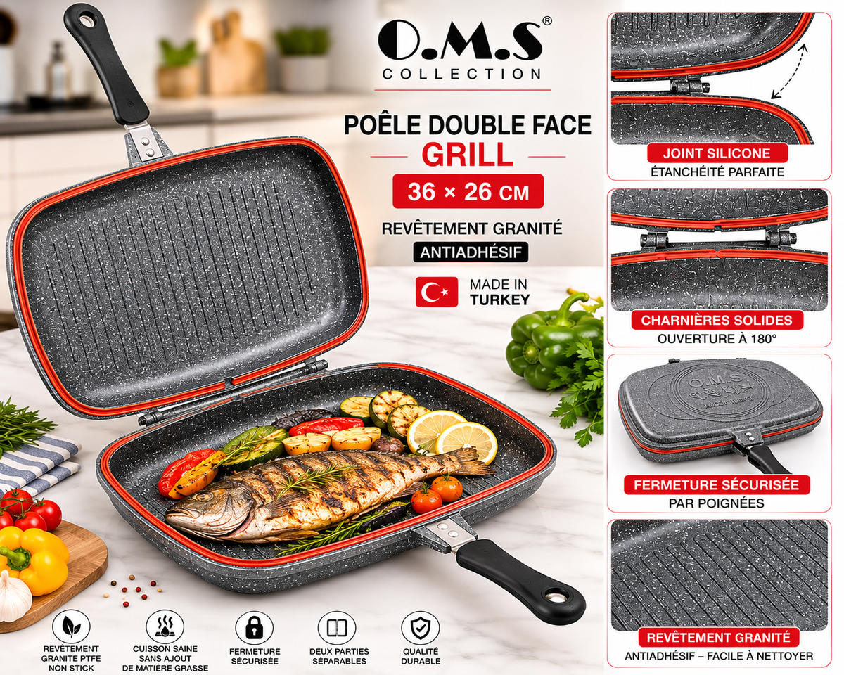 Poêle Double Face Grill O.M.S. – 36 x 26 cm – Granite - Coloris Noir