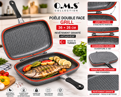 Poêle Double Face Grill O.M.S. – 36 x 26 cm – Granite - Coloris Noir