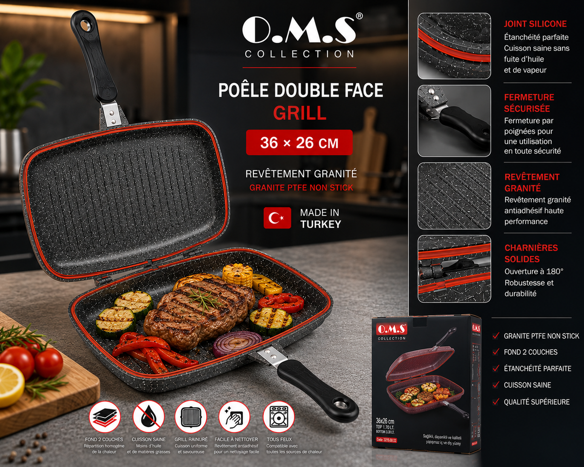 Poêle Double Face Grill O.M.S. – 36 x 26 cm – Granite - Coloris Noir