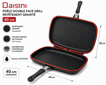 Poêle Double Face Grill DAISINI – 40 cm – Revêtement Granité -Coloris Noir