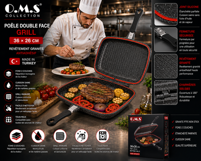Poêle Double Face Grill O.M.S. – 36 x 26 cm – Granite - Coloris Noir