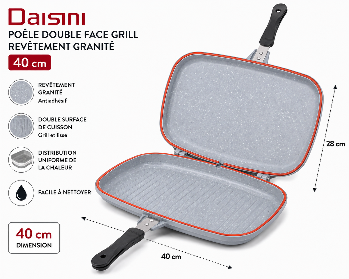 Poêle Double Face Grill DAISINI – 40 cm – Revêtement Granité -Coloris Gris
