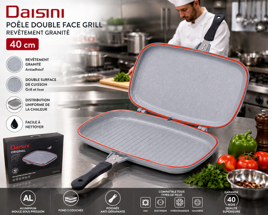 Poêle Double Face Grill DAISINI – 40 cm – Revêtement Granité -Coloris Gris
