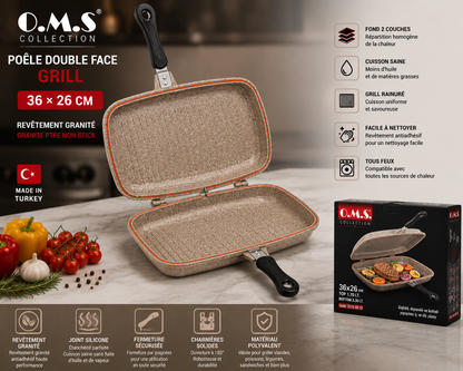 Poêle Double Face Grill O.M.S. – 36 x 26 cm – Granite - Coloris Grège