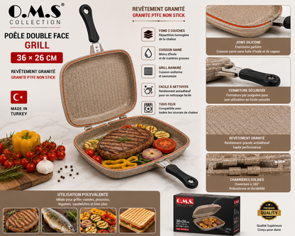 Poêle Double Face Grill O.M.S. – 36 x 26 cm – Granite - Coloris Grège