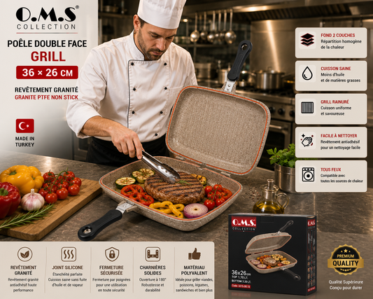 Poêle Double Face Grill O.M.S. – 36 x 26 cm – Granite - Coloris Grège