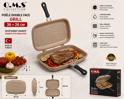 Poêle Double Face Grill O.M.S. – 36 x 26 cm – Granite - Coloris Grège