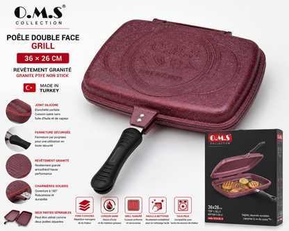 Poêle Double Face Grill O.M.S. – 36 x 26 cm – Granite - Coloris Bordeaux