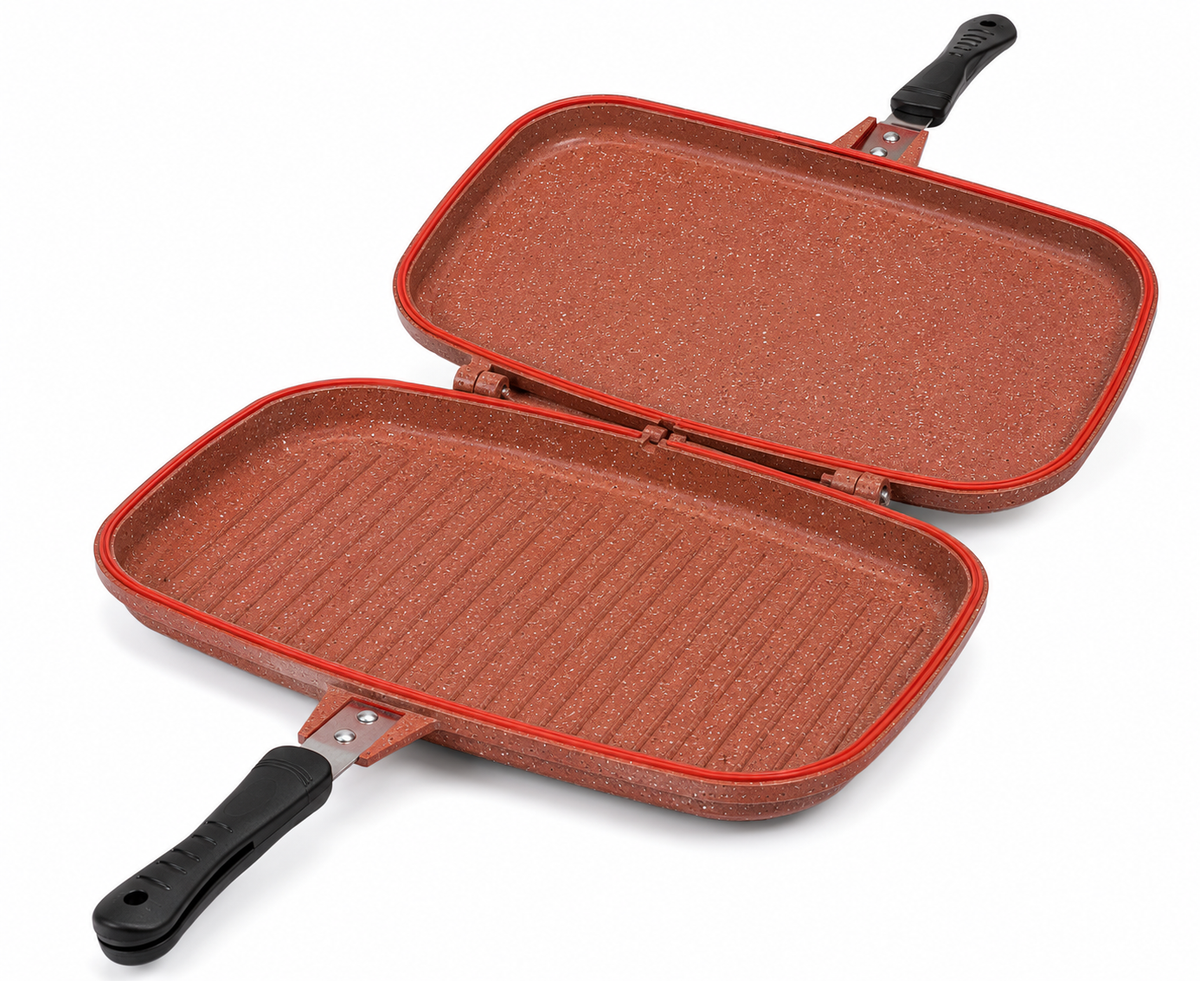 Poêle Double Face Grill DAISINI – 40 cm – Revêtement Granité -Coloris Bordeaux