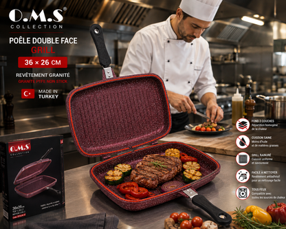 Poêle Double Face Grill O.M.S. – 36 x 26 cm – Granite - Coloris Bordeaux