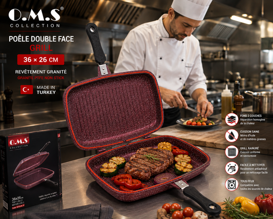 Poêle Double Face Grill O.M.S. – 36 x 26 cm – Granite - Coloris Bordeaux