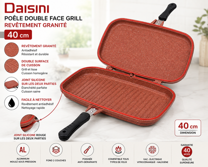 Poêle Double Face Grill DAISINI – 40 cm – Revêtement Granité -Coloris Bordeaux
