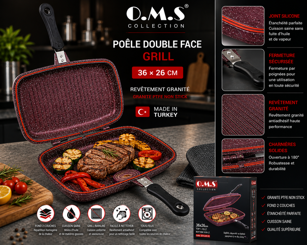 Poêle Double Face Grill O.M.S. – 36 x 26 cm – Granite - Coloris Bordeaux