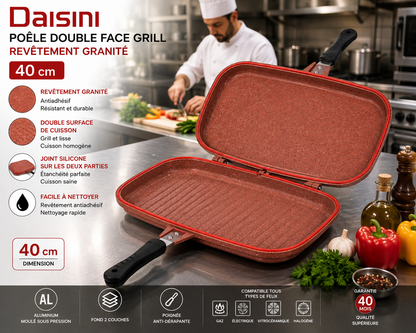 Poêle Double Face Grill DAISINI – 40 cm – Revêtement Granité -Coloris Bordeaux