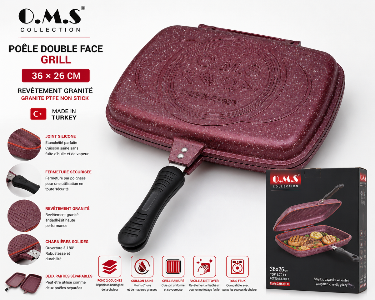 Poêle Double Face Grill O.M.S. – 36 x 26 cm – Granite - Coloris Bordeaux