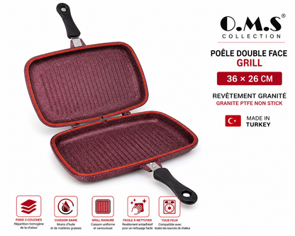 Poêle Double Face Grill O.M.S. – 36 x 26 cm – Granite - Coloris Bordeaux