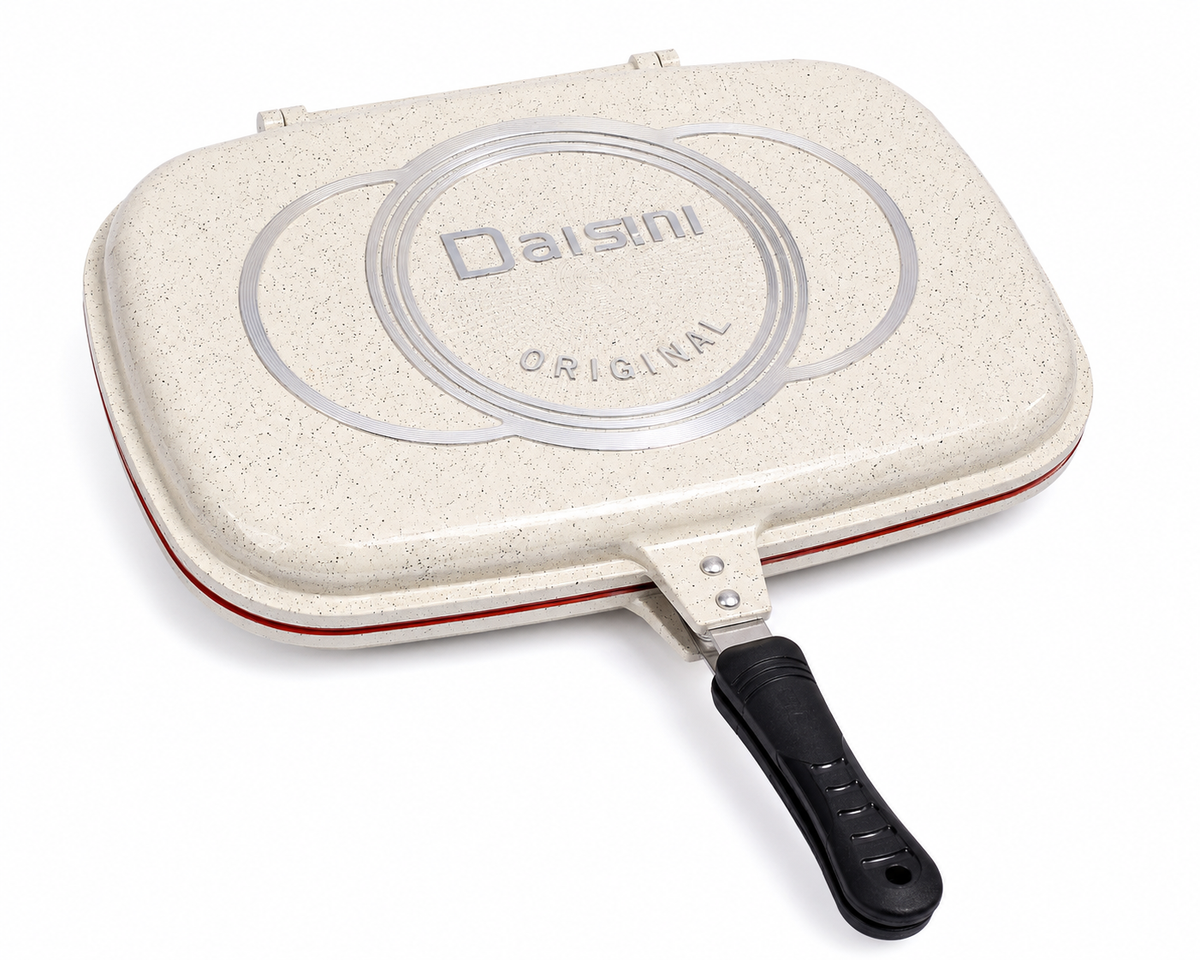 Poêle Double Face Grill DAISINI – 40 cm – Revêtement Granité -Coloris Blanc Cassé