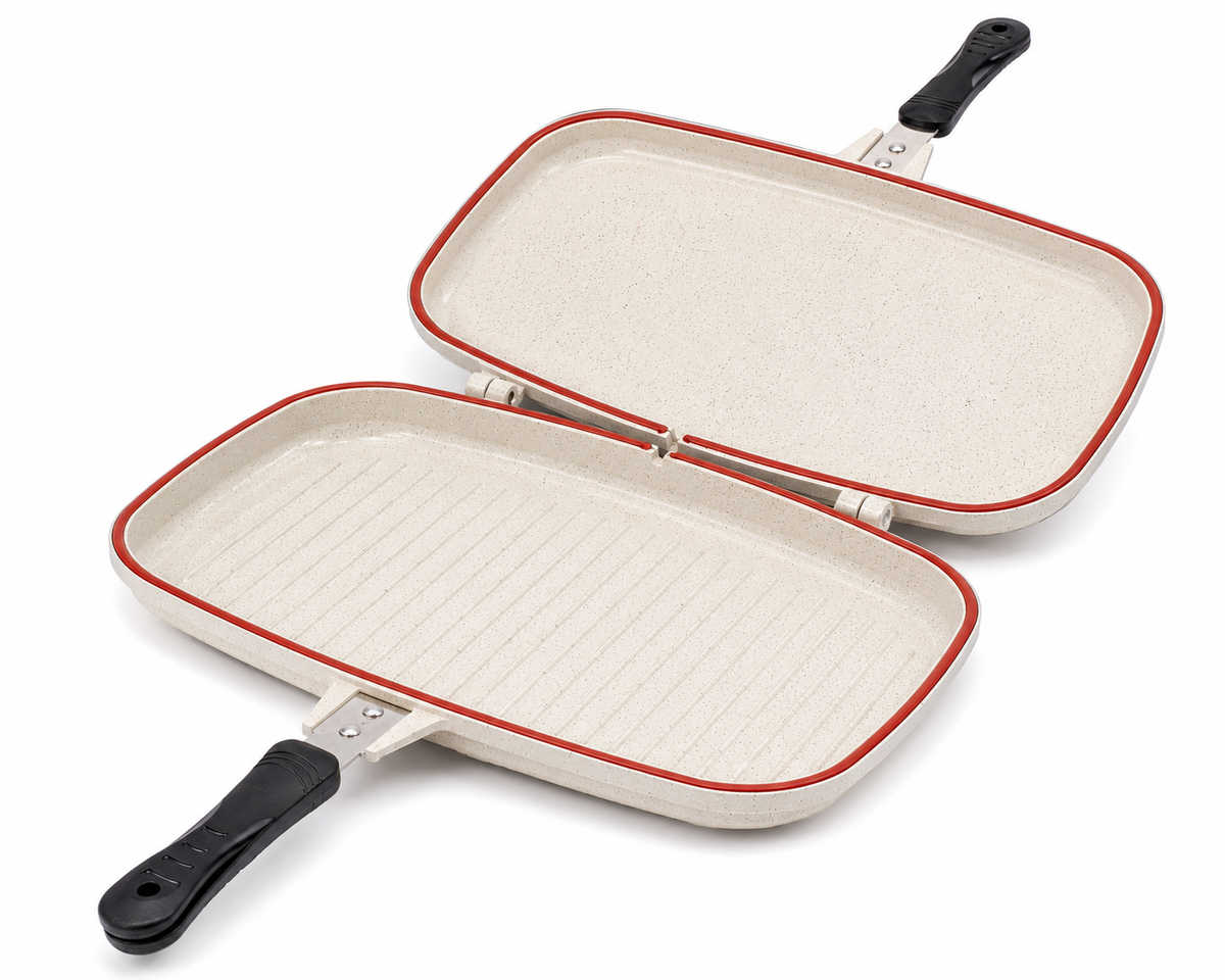 Poêle Double Face Grill DAISINI – 40 cm – Revêtement Granité -Coloris Blanc Cassé