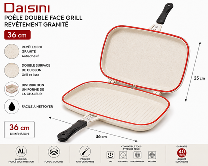 Poêle Double Face Grill DAISINI – 40 cm – Revêtement Granité -Coloris Blanc Cassé