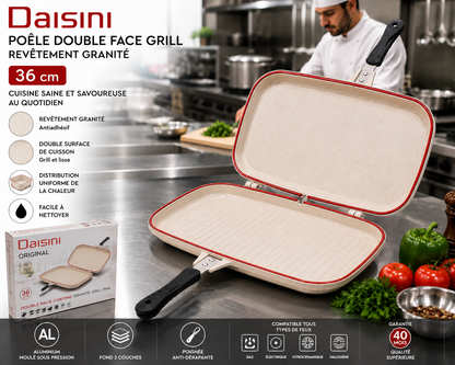 Poêle Double Face Grill DAISINI – 40 cm – Revêtement Granité -Coloris Blanc Cassé